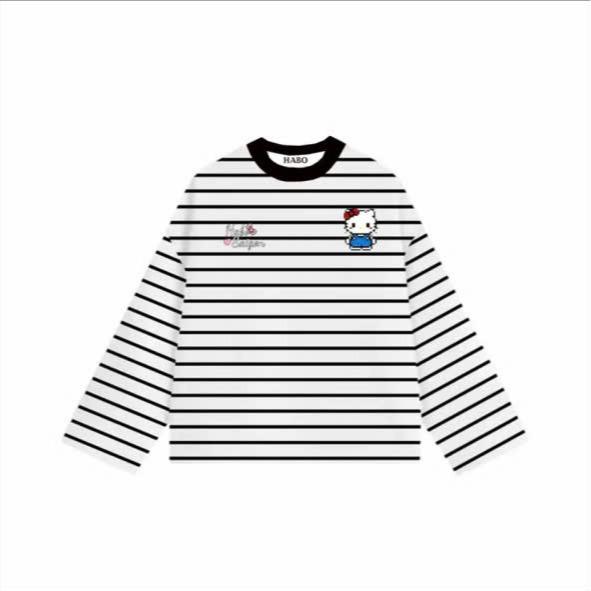Áo thun dài tay thu đông kẻ sọc in chữ và hình kity siêu xinh M495