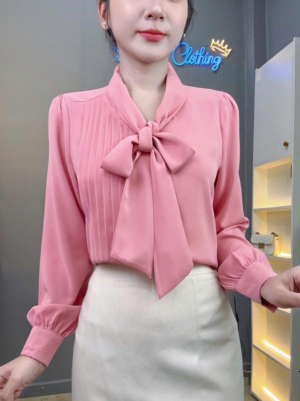 Áo sơ mi thiết kế xếp ly dây cột nơ tay dài vãi lụa MANGO MD-A311