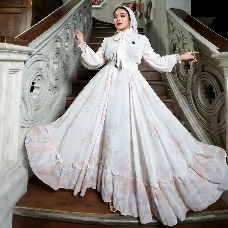 Gamis Set Hijab Serut Lengan Bunga Mewah Shellasaukia 1