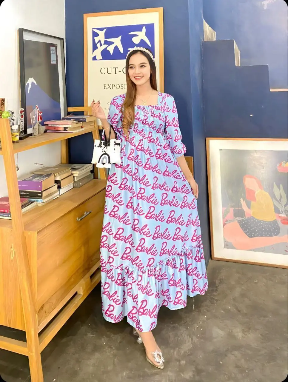 Midi Dress Wanita Smoke Dress Motif Barbie Terbaru - Busui Friendly