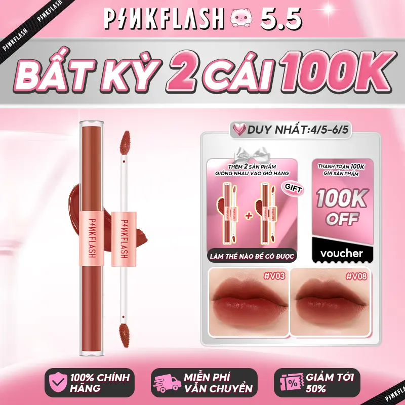 Son kem tint lì hai đầu PINKFLASH sắc tố cao lâu trôi 2 trong 1 30g