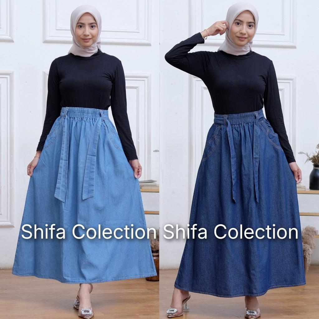 Rok Jeans Panjang Wanita Model Payung Fita Kekinian Bahan Original Jeans Wash Premium 6,5 Ons / Rok Jeans / Rok Panjang Wanita / Rok Jeans Jumbo / Rok Jeans Panjang BB ± 35 - 85 kg Denim Nyaman Variasi Hitam Biru Navy Samping