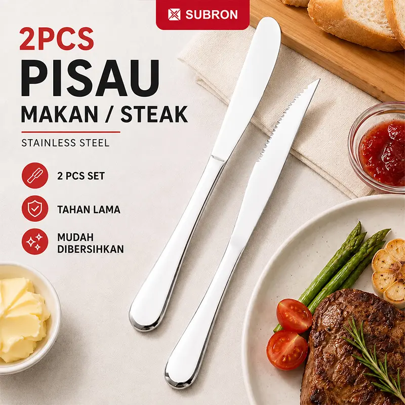 SUBRON 2pcs Pisau Steak Stainless Pisau Makan Selai Roti Oles Mentega