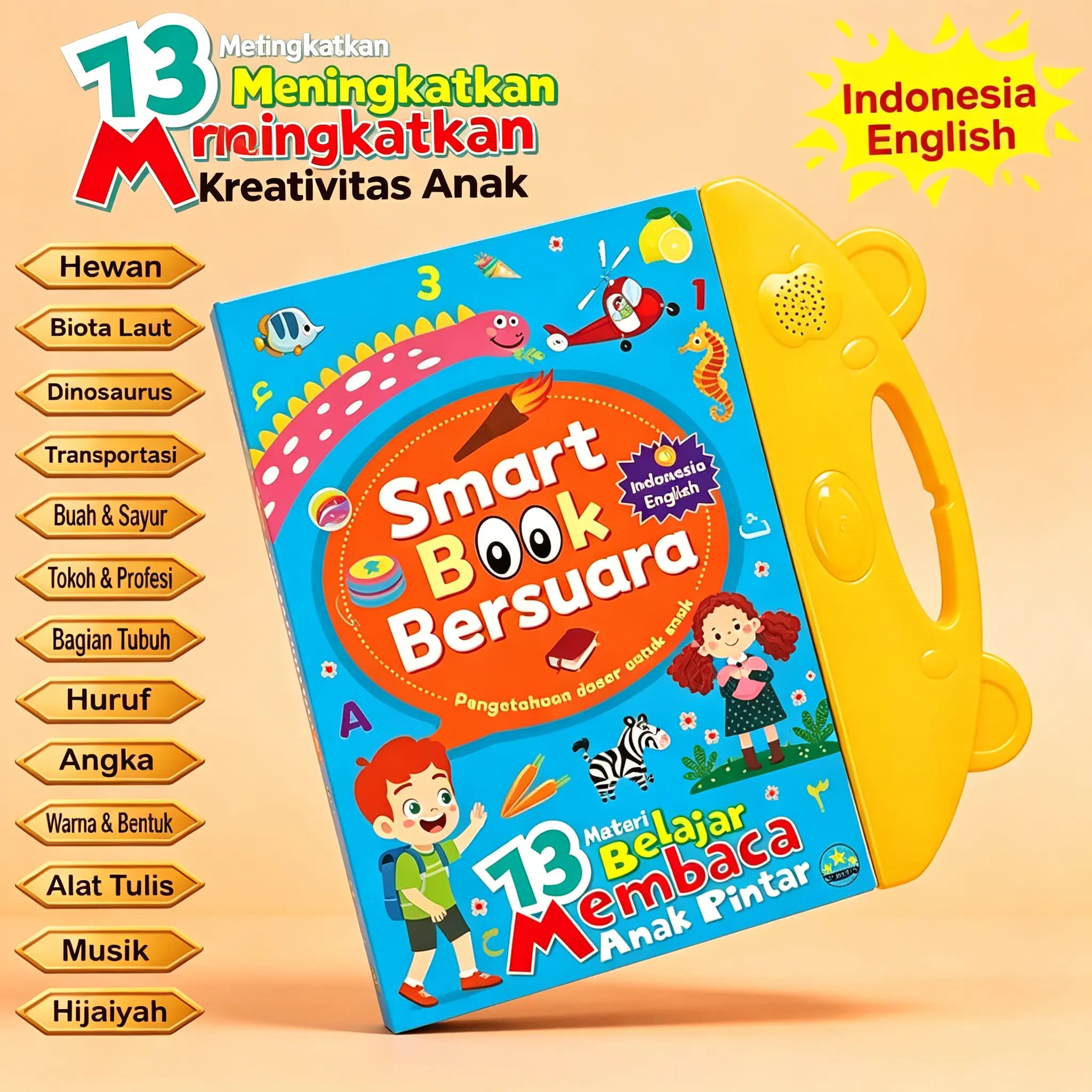 Buku Pengenalan Makanan Dan Minuman Elektronik Bersuara Smart Audio 3 Bahasa: Indonesia, Inggris, Mandarin. Mainan Belajar Membaca, Mengenal Nasi, Susu, Roti, Air. Cocok Untuk Paud, Tk, 3-6 Tahun. 26 Tema: Abjad, Angka, Makanan, Minuman, Hewan, Warna