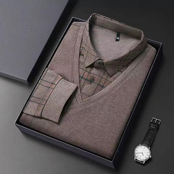 Product Introduction of Men's silk fabric fake two POLO loose grid solid color casual T-shirt with silk print top Menswear Lingerie 5