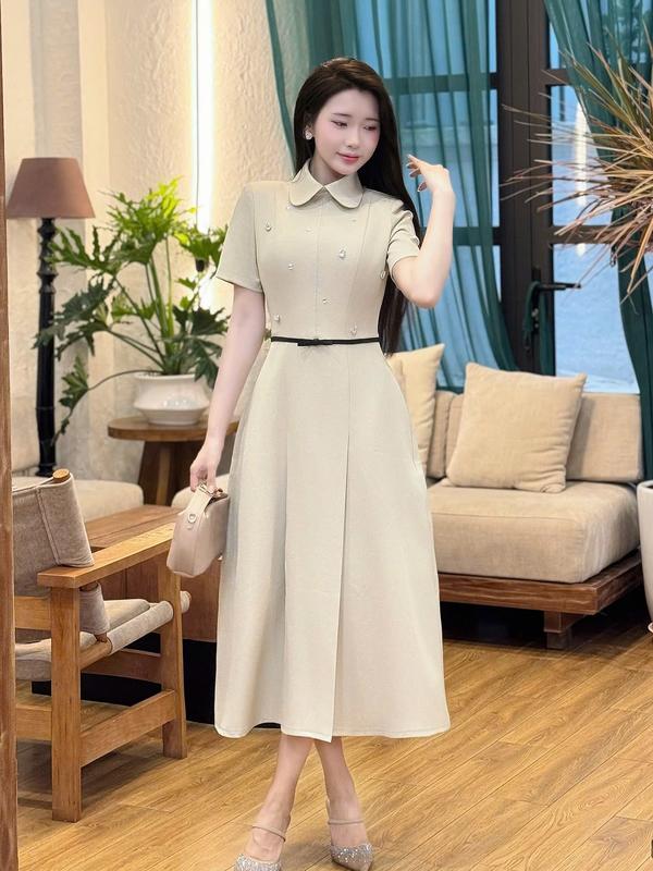  Váy Đầm Thiết Kế Ella Desgin dành cho nữ kiểu dáng midi cổ bẻ tay ngắn thân áo đính đá  phối dây nơ đen may liền vào áo phù hợp mặc đi làm  đi chơi  có bigsize B34 