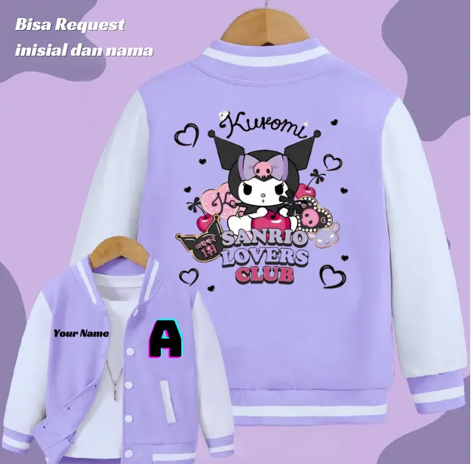 JAKET ANAK VARSITY BASEBALL KUROMI SANRIO LOVERS JAKCET ANAK LAKI LAKI PEREMPUAN UMUR 2 - 12 TAHUN