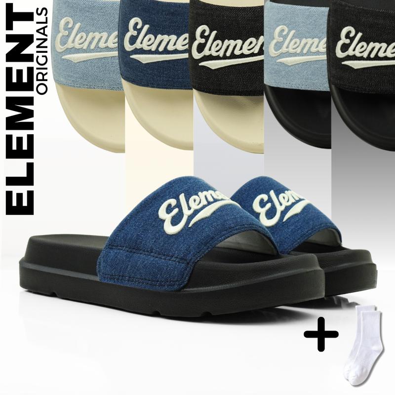 TẶNG VỚ E17 - Dép ELements Vintage Denim Unisex chữ thêu - Slipper Dép Elements vải jean đế bằng nam nữ - Element