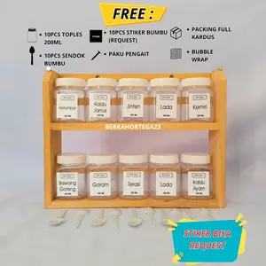 Rak Bumbu Dapur 2 Tingkat Natural Free 10 Toples+Stiker+Sendok Bumbu