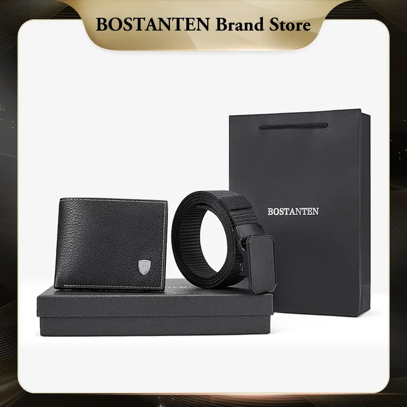 BOSTANTEN Set Kombinasi Dompet PU Dan Sabuk Nylon Canvas Pria (Kotak+Tas Kado)