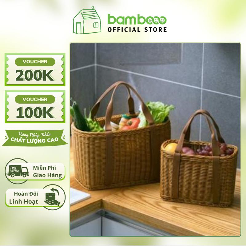 Túi đựng đồ đan giả mây BAMBOOO ECO có quai xách chịu lực, chịu nước vintage.