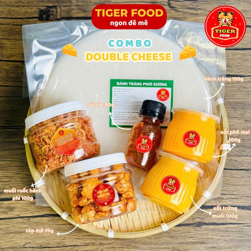 COMBO DOUBLE CHEESE - TIGER FOOD - Bánh tráng phơi sương tóp mỡ + ruốc hành phi + sốt phô mai + sốt trứng muối + sốt tắc  -Đồ ăn vặt Snack