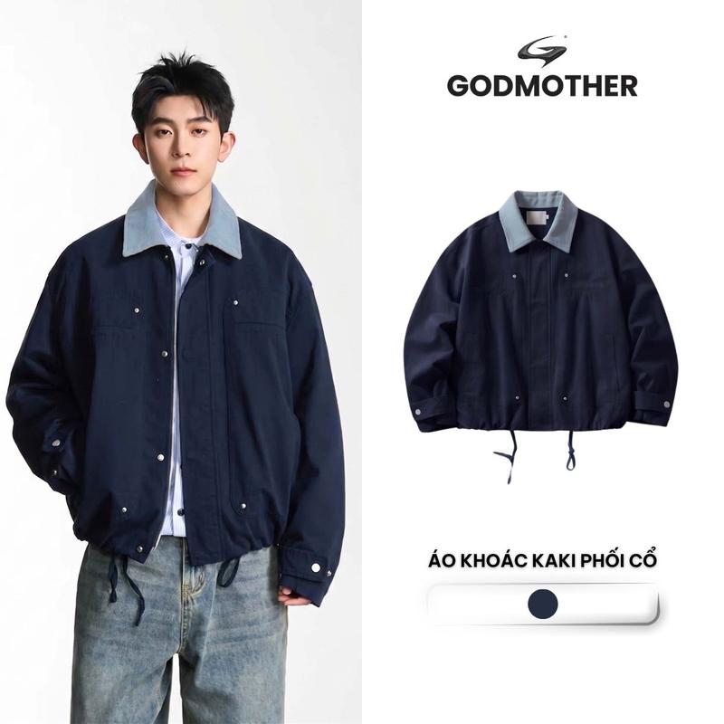 Áo Khoác Kaki Phối Cổ GODMOTHER Jacket Phối Cổ Có Cúc Bấm Unisex OWF26004