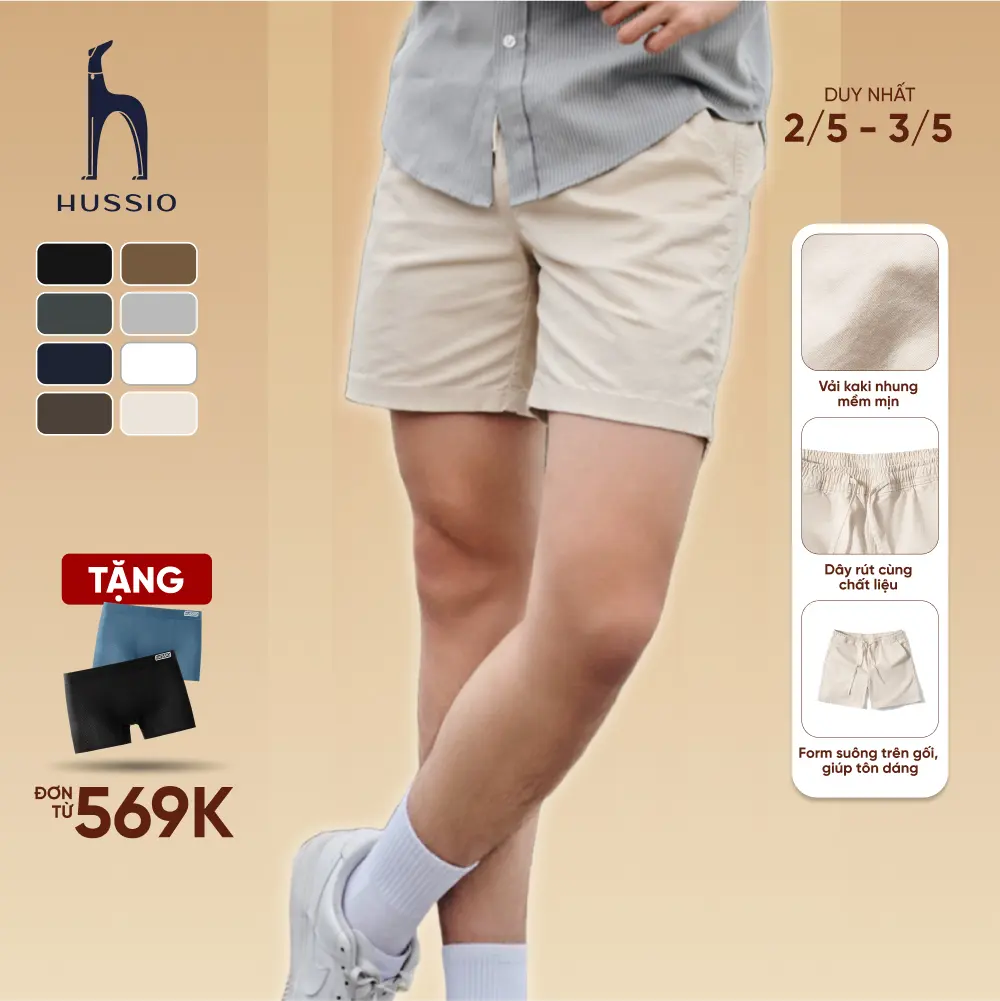Quần short short nam vải KAKI nhung, mềm mịn, trẻ trung, năng động - HUSSIO