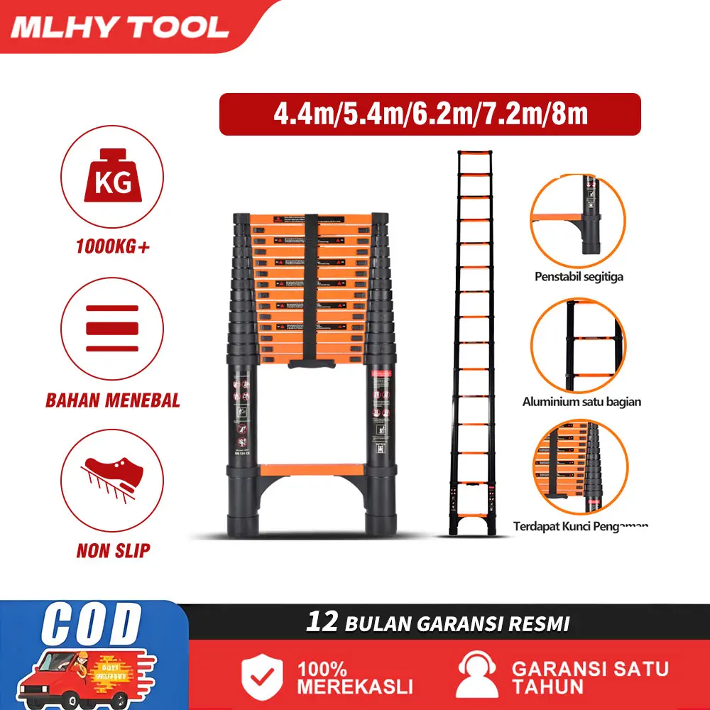MLHY Tangga Teleskopik 4.4/5.4/6.2/7.2/8M Lipat Aluminium Telescopic Single Ladder