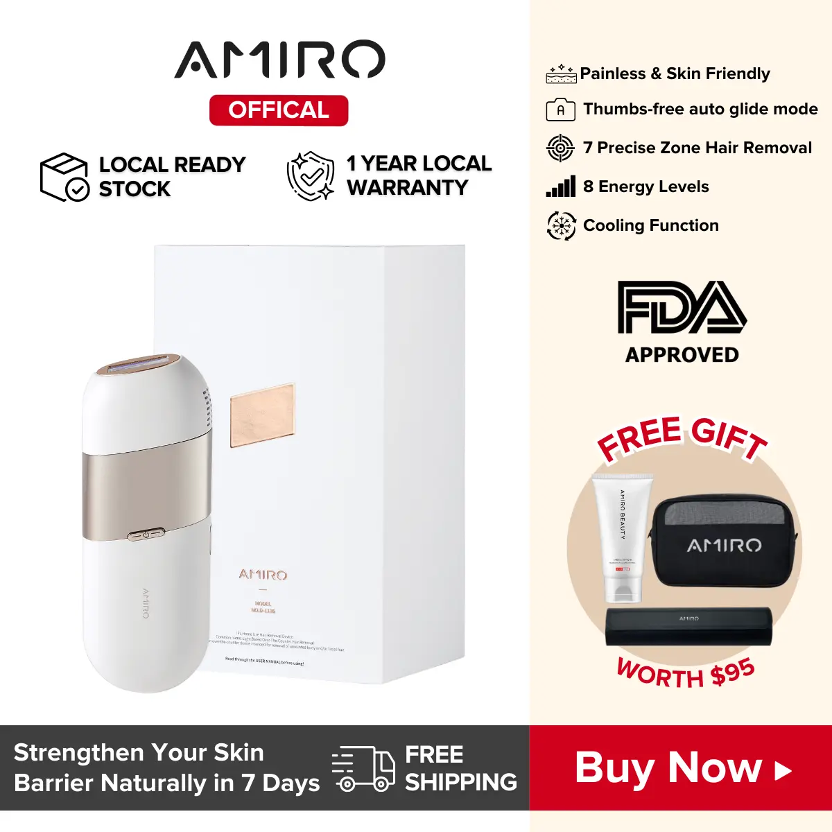 [BUY 1 GET 3] AMIRO Opal IPL Hair Removal Handset | Painless & Skin Friendly with 8 Settings Touch Screen | 7 Precise Zone Hair Removal with Cooling Function | Auto-Glide Mode