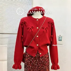 MAMAMARA - Cardigan Pita Timbul Imut Coquette Ribbon Lembut Atasan Wanita Lengan Panjang Knitwear Baju