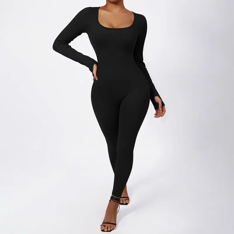 Mooslover Ribbed Jumpsuits Yoga Long Sleeve Workout Jumpsuits 2