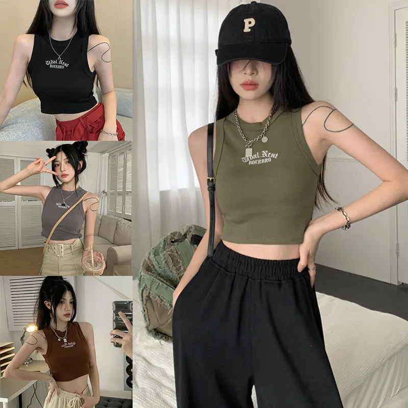Áo Ba Lỗ Thêu Chữ Cho Nữ, Áo Hở Eo Ngắn Tập Thể Dục Thường Ngày