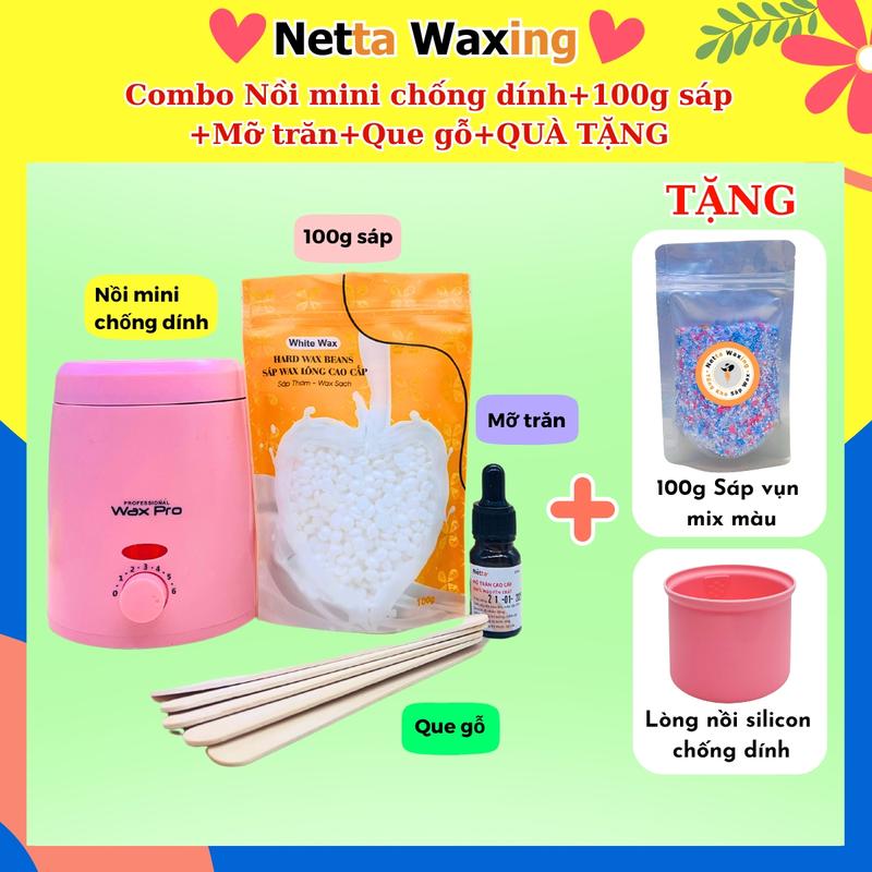 [TẶNG 100G SÁP+CHÉN] Combo Sáp wax lông NETTA WAXING gồm Nồi/Máy nấu sáp 200ML+100g sáp wax+Mỡ trăn+7 Que gỗ Waxing- Wax nách, râu nam, bikini, wax tay Cạo Râu