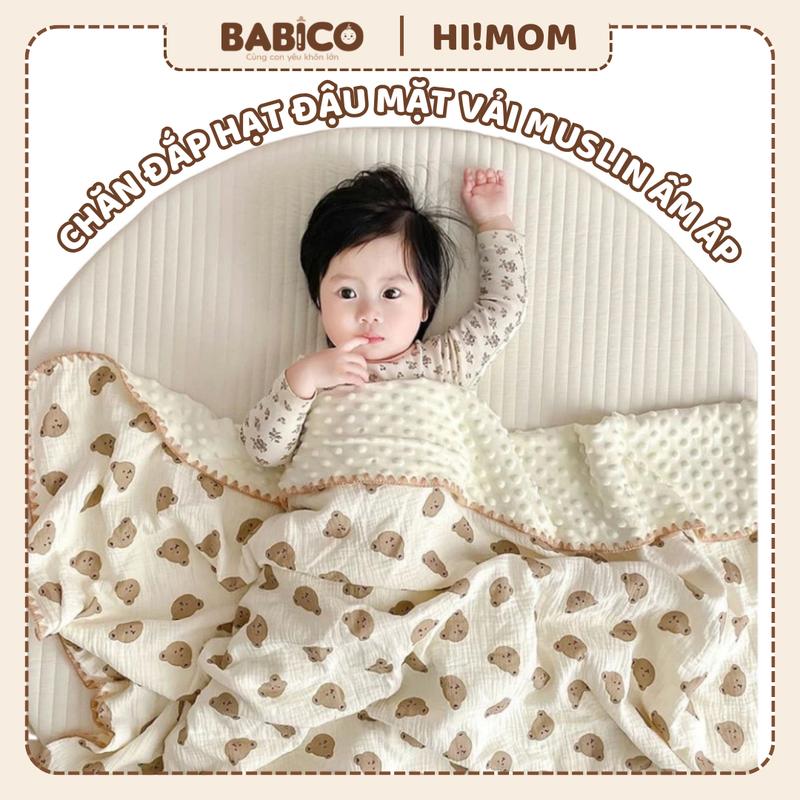 Chăn xô hạt đậu Himom 2 lớp bo viền cao cấp chất liệu xô muslin kết hợp vải nhung bi mềm mại phong cách Hàn Quốc cho bé size 100cmx100cm (Chăn đắp đa năng)