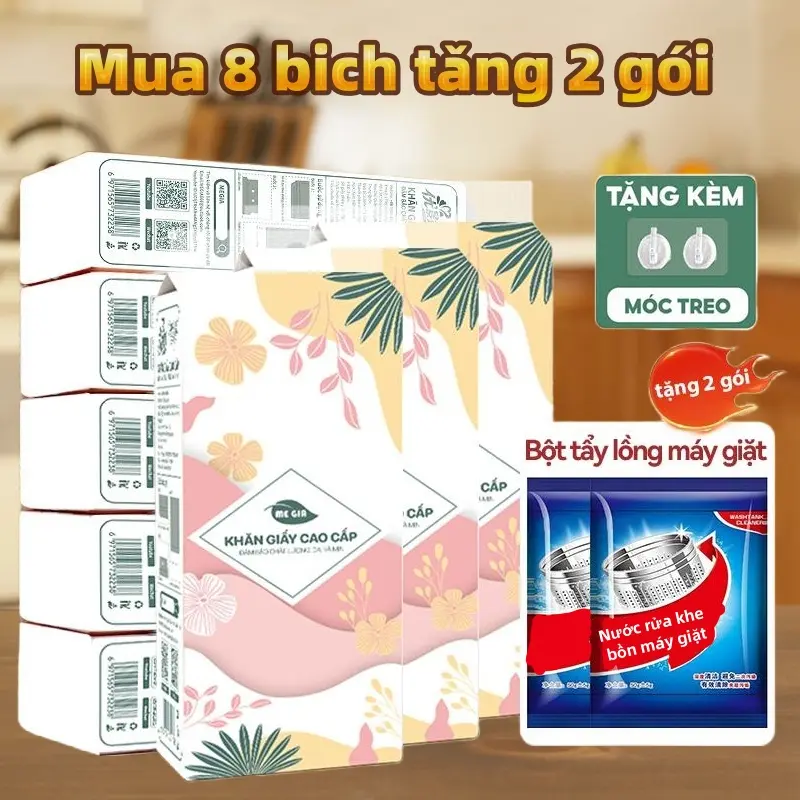 【Mua 8 bịch tặng +2 gói Máy rửa máy giặt+2 móc treo】Combo 8bịch khăn giấy  rút treo tườn Megia tissue 4 Lớp1100 Tờ 175 * 130mm, Mềm Mại, Siêu Chắc, Thấm Hút, Tiện Lợi, An Toàn, Làm Bằng Thành Phần Bột Gỗ, Thích Hợp Sử Dụng Trong Nhà Vệ Sinh