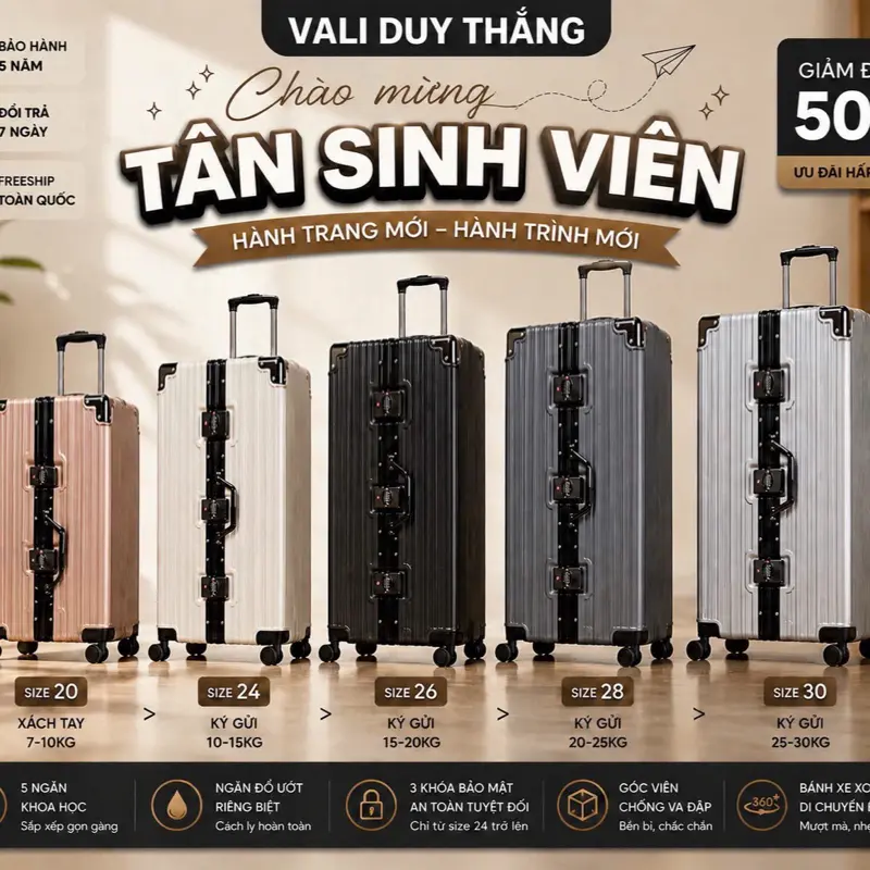 Vali Duy Thăng Size 24/26/28/30 3 khoá Bảo Hành 5 Năm (Tặng túi đựng giày)
