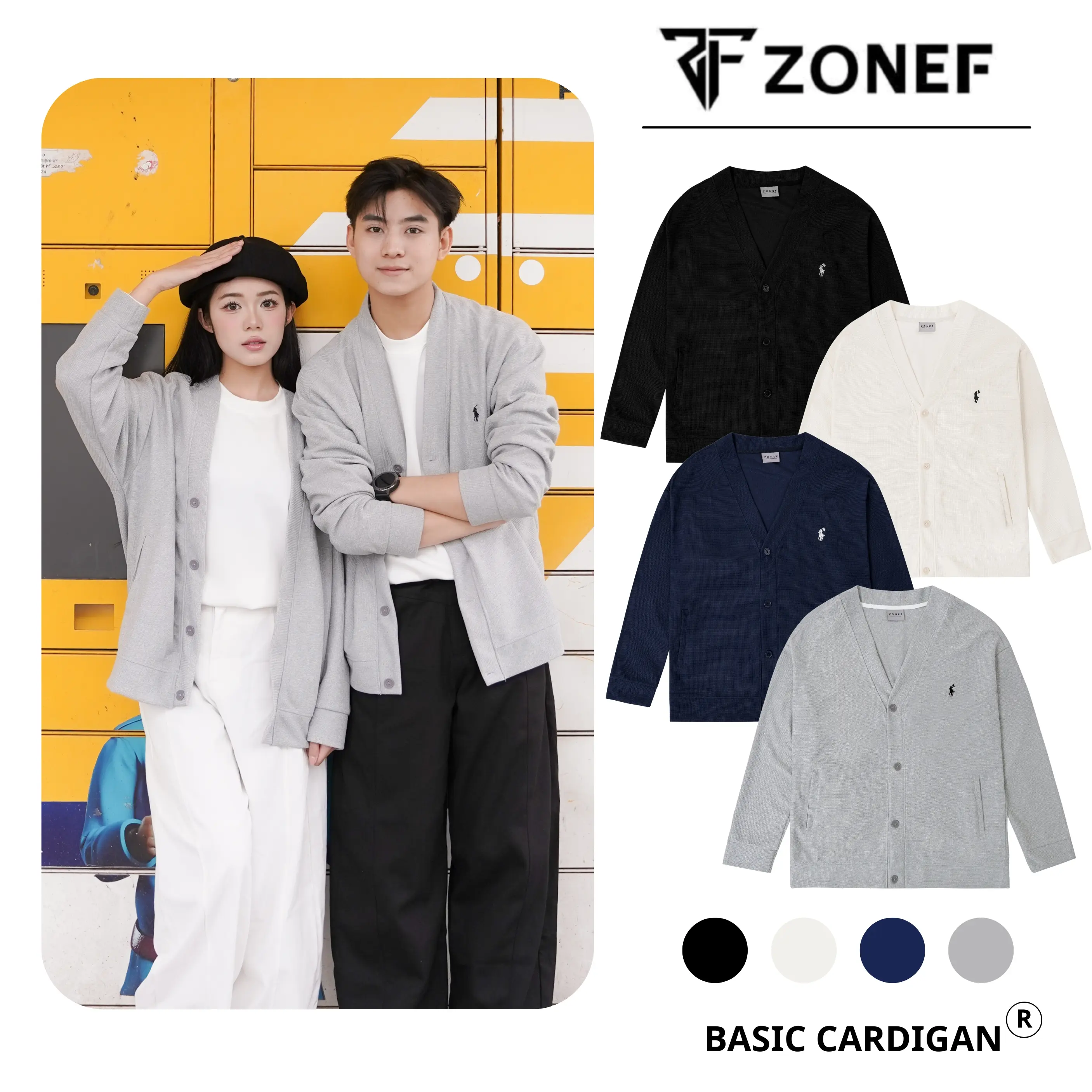 Áo Khoác Cardigan Logo Thêu Phong Cách Hàn Quốc By Zonef, Áo Khoác Thu Đông Chất Vải Cotton Tổ Ong Nam Nữ Unisex