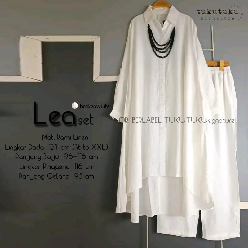 Lea One Set Setelan Jumbo Celana Kulot Tunik Polos Putih Fuchia Katun Linen Ld 124 Fit XXXL By Tukutuku 0