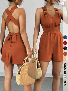 1 Pieza de Mono corto Elegante sin espalda con cuello halter y cintura anudada