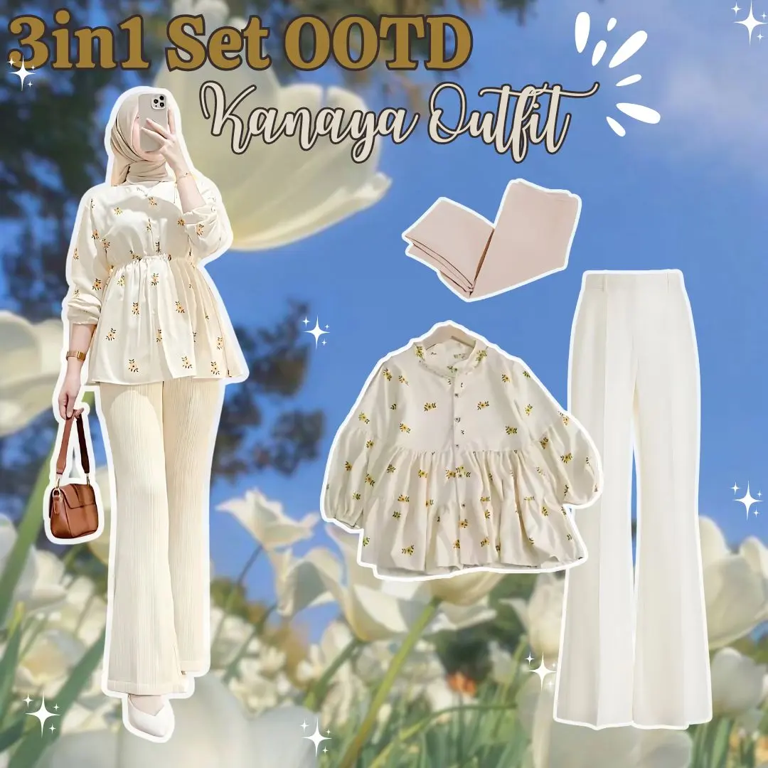 Setelan Wanita Kekinian Korean Style 3in1 (BLOUSE+CELANA CUTBRAY+HIJAB) Outfit Vintage Wanita Remaja Kekinian Ala Pinterest-KANAYA SET