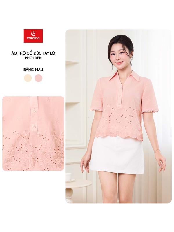 Áo sơ mi nữ CARDINA chất vải thô cổ đức tay lỡ phối ren 5ASL01