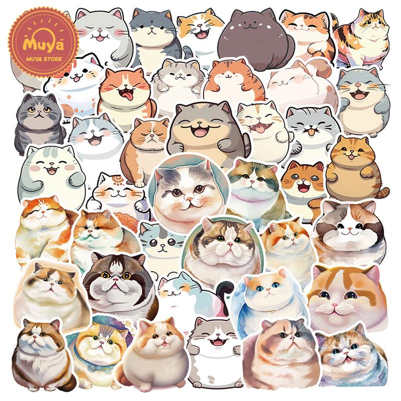 MUYA 50pcs Pudgy Cat Stickers Waterproof Cute Animal Vinyl Stickers ...