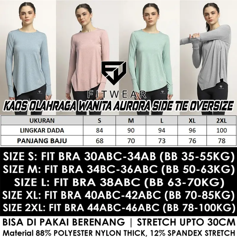 Fitwear - Kaos Olahraga Wanita FITWEAR NEW AURORA DRYFIT SIDE TIE OVERSIZE L/S - S - 2XL 4
