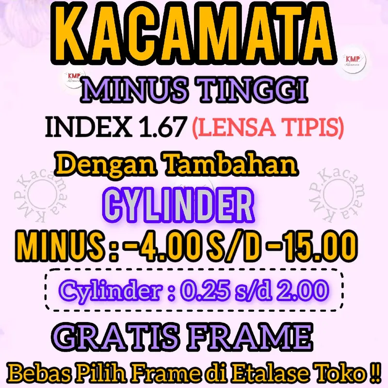 PAKET KACAMATA MINUS TINGGI LENSA TIPIS INDEX 1.67 DENGAN TAMBAHAN CYLINDER Gratis Frame 0