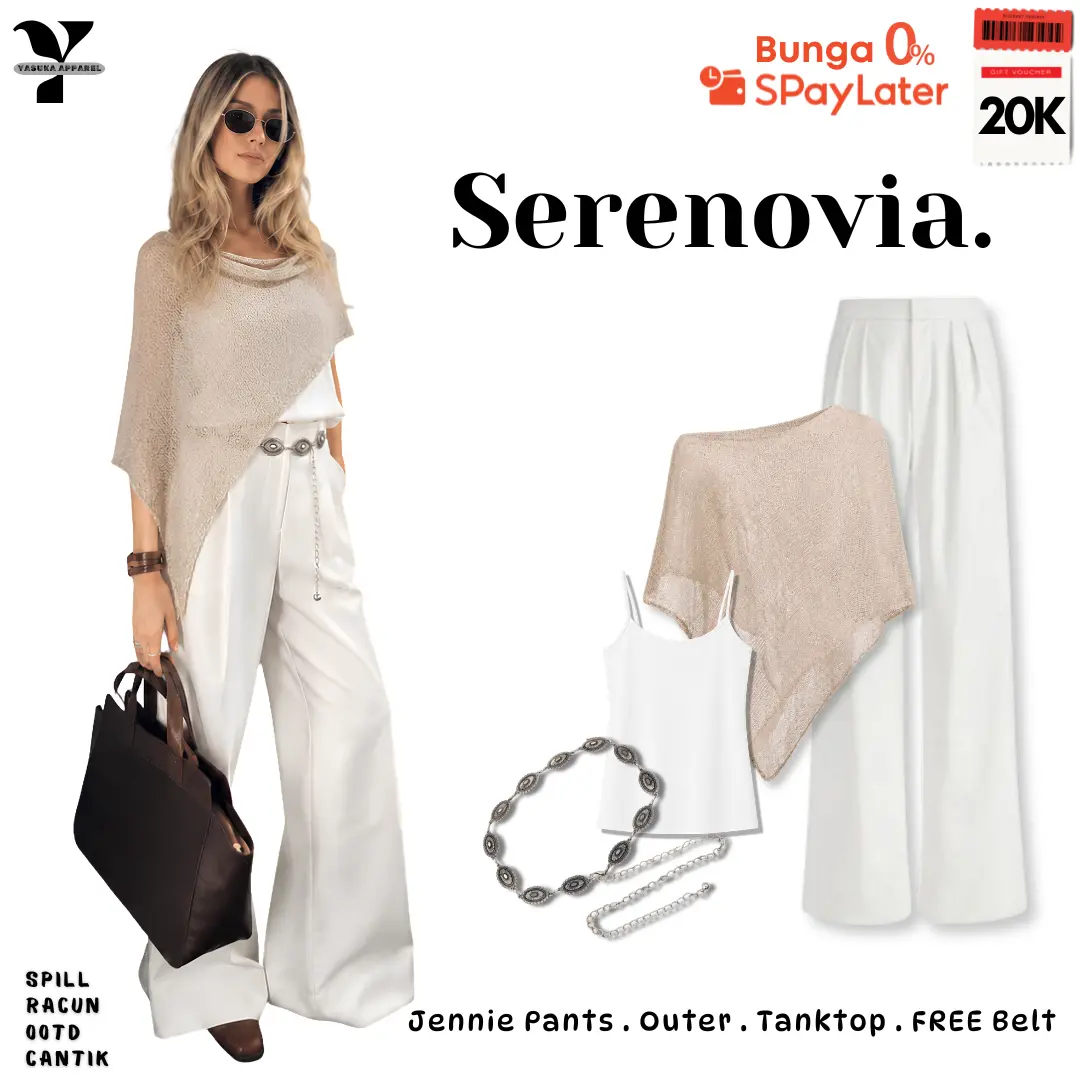 SERENOVIA One Set Pantai Wanita Outfit Bohemian [ Outer Poncho Jaring, Tanktop, Celana, Belt ] YAP006