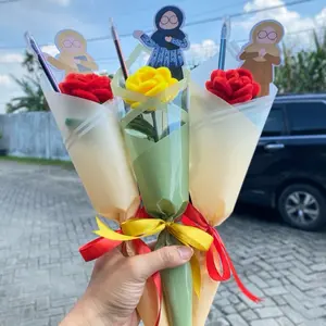 Buket Mawar Single Kawat Bulu dengan Pulpen dan Topper Hiasan Unik untuk Hadiah