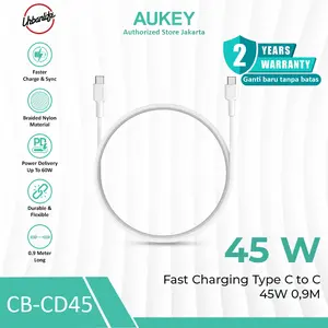 AUKEY KABEL USB Type C to C 45W 0.9M Bahan Braided Nylon Pengecasan Cepat Fast Charging Braided Nylon Kabel CB-CD45