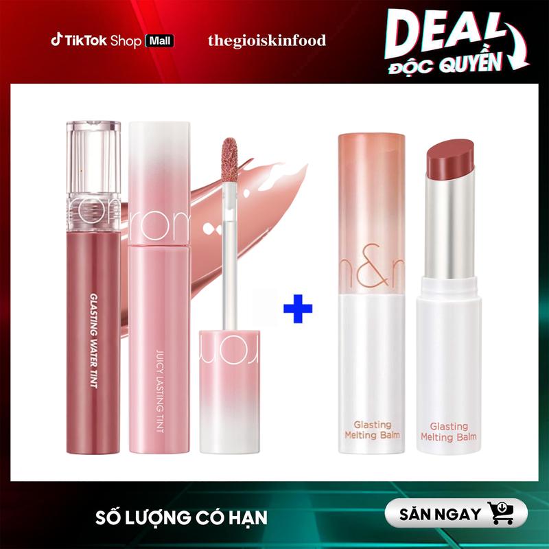 Combo 2 Son: Son Tint Bóng Romand Glasting Water Tint 4g/ Romand Juicy Lasting Tint 5.5g + Son Dưỡng Có Màu Thuần Chay Romand Glasting Melting Balm 3.5g