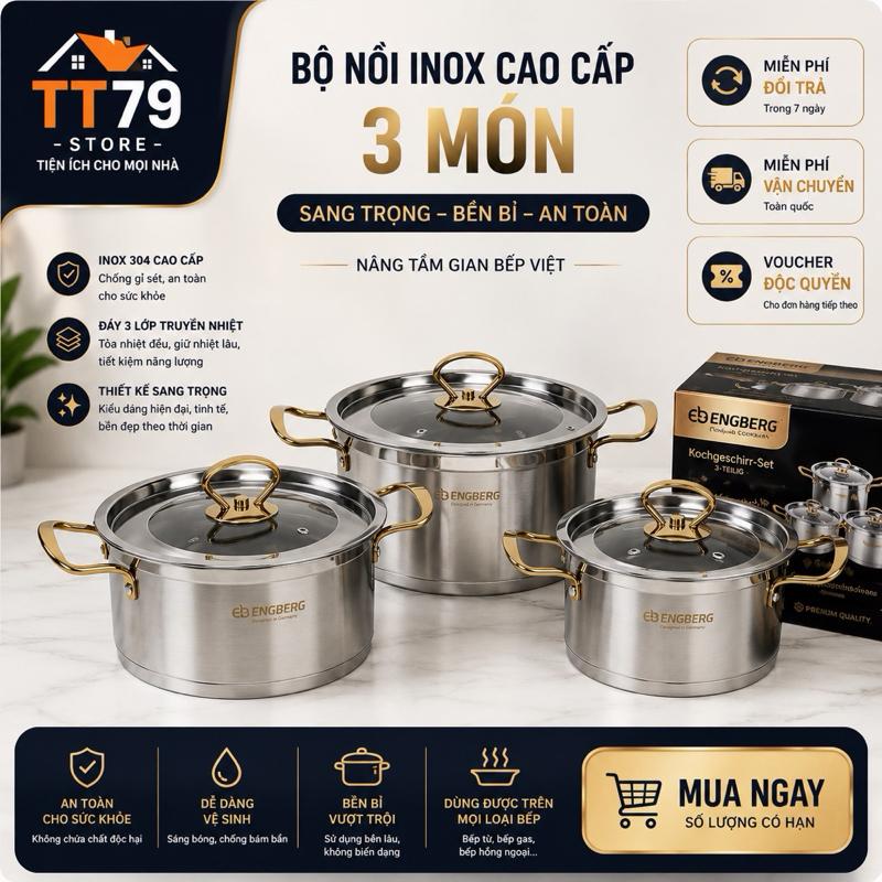 Bộ 3 Nồi Inox 304 Cao Cấp Đáy 3 Lớp Nguyên Khối Sử Dụng Được Mọi Loại Bếp