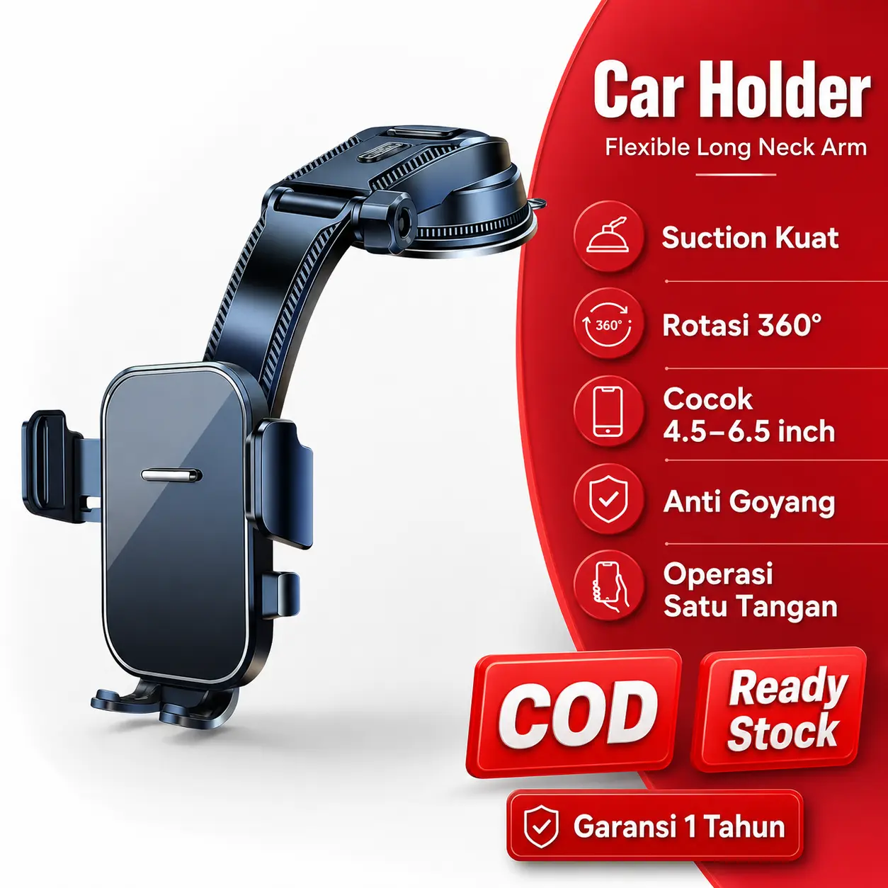 AutoGlide Penyangga HP Mobil - ABS & Silikon, Suction Kuat, Rotasi 360°, Kompatibel 4.5-6.5 inch, Aman Stabil, Operasi 1 Tangan, Cocok Navigasi Berkendara Aman Car