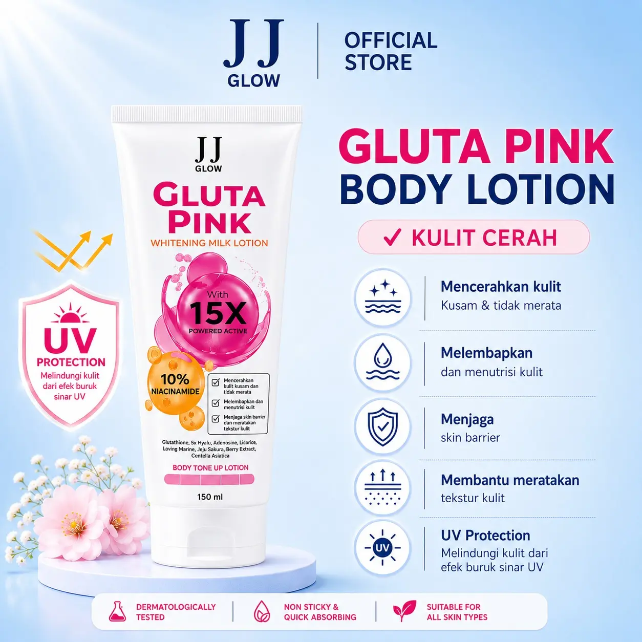 JJ Glow Body Lotion Gluta Pink Whitening Milk Lotion 10% Niacinamide Tone Up Mencerahkan 15X Active Melembutkan