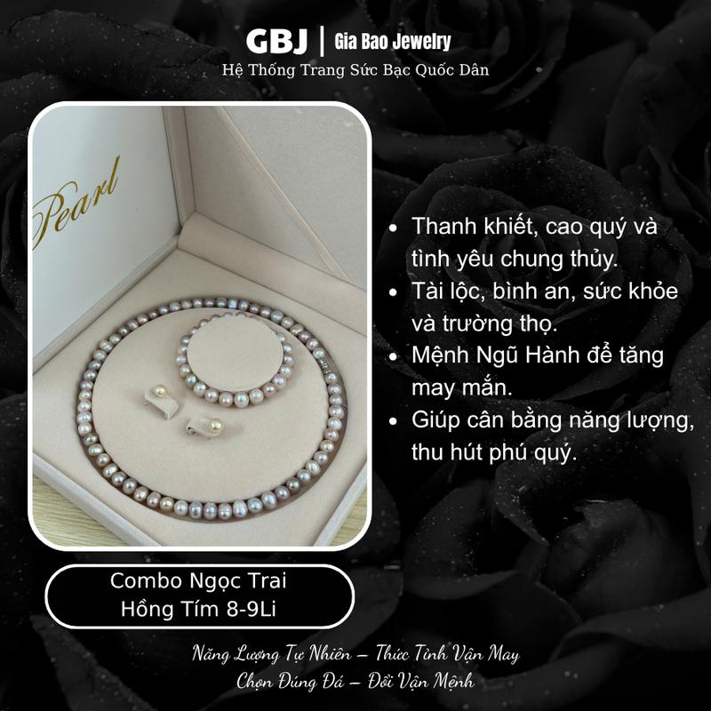   TẶNG HỘP  Combo Dây Chuyền - Hoa Tai - Vòng Tay N.gọc T.rai C.AO CẤ.P Hồng Tím 8-9Li GB418 Sang Trọng Quý Phái Dành Cho Nữ GBJ1744 