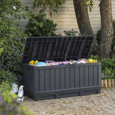 150 gallon outdoor storage box with wide lift-top access for bulky cushions