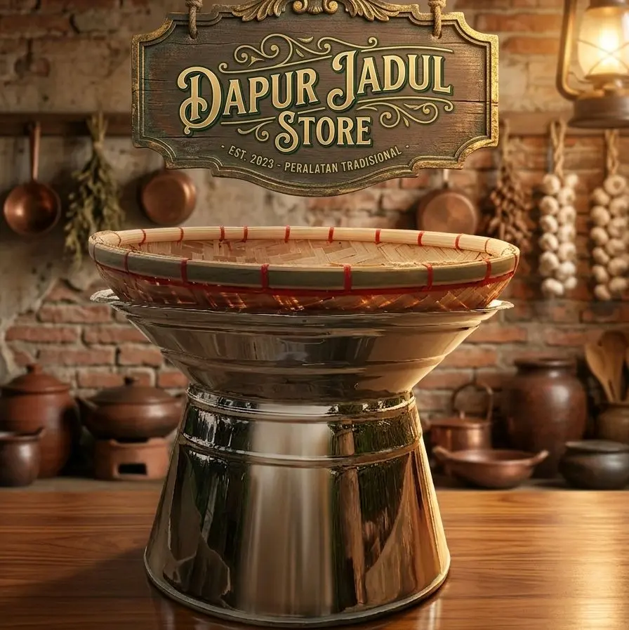 Seeng Atau Dandang Stainles Ukuran 2 Liter Nasi + Kukusan Anyaman Bambu Tinggi 22cm Diameter 100cm Bahan Stainless Steel untuk Masak Sehari-hari Mudah Digunakan Tahan Lama Kitchenware