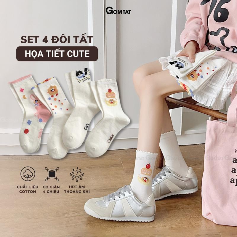 Combo 4 đôi tất chân cổ cao GOMTAT họa tiết cute, vớ nữ cotton phong cách vintage Hàn Quốc ZH-208-CB4