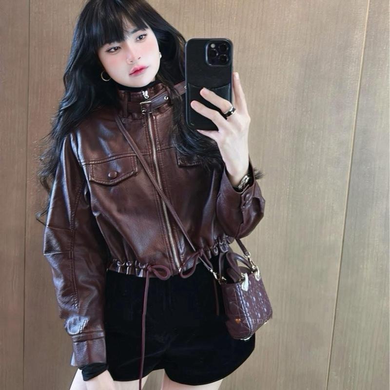 Áo Khoác Da Nữ Bomber Cao Cấp Màu Đen Nâu