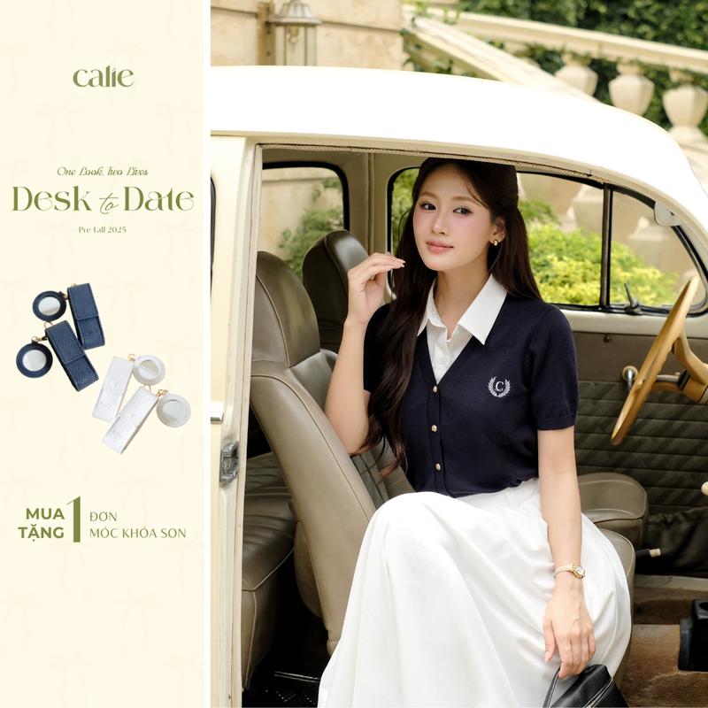 (Desk to Date) Áo dệt len phối cổ đức cúc kim loại cộc tay, Chân váy chất Kaki dáng xòe chất liệu mềm mát, form Basic thanh lịch Calie AF176 CX065