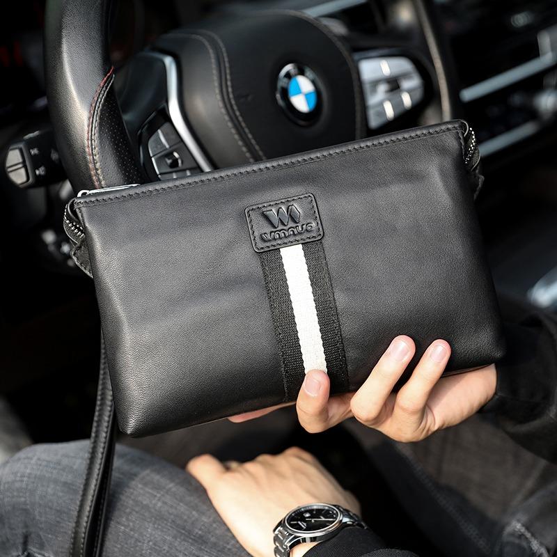 2025 Men's Clutch Bags Genuine Leather Double Layer Large Hand Bag for Male Long Wallets Envelope Bag Zipper Black Brand 0