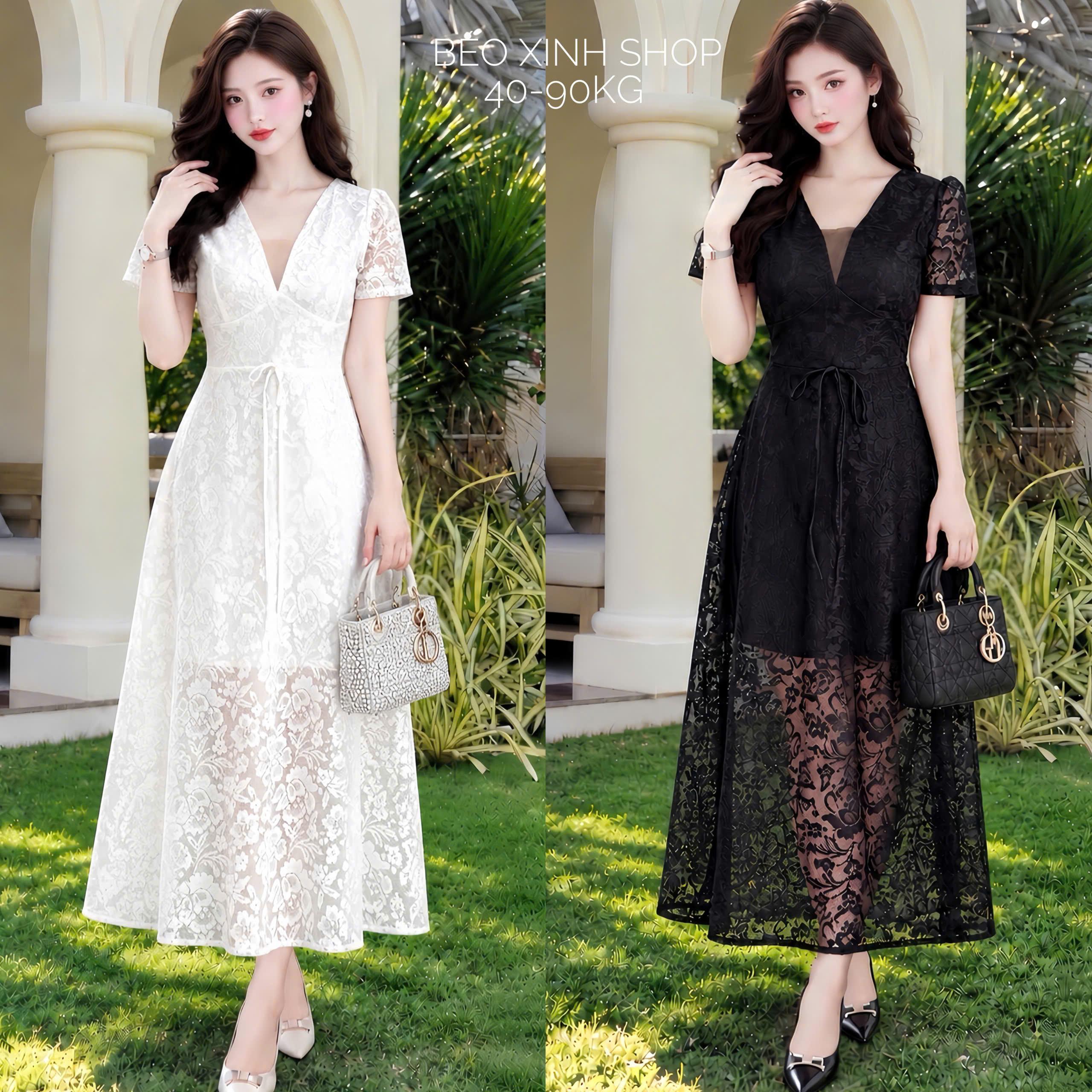 [Vải Xịn] Đầm Ren Hoa Cổ V Tay Ngắn Tùng Xòe Dáng Dài Bigsize 40–90kg Bigsize Béo Xinh Shop - A.1898